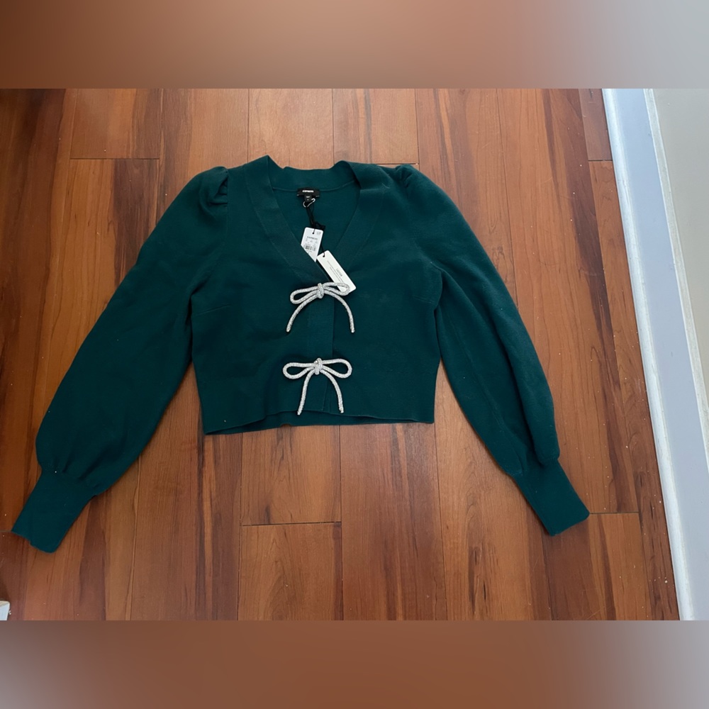 Express Dark Green Cropped Cardigan with Contrast Ties